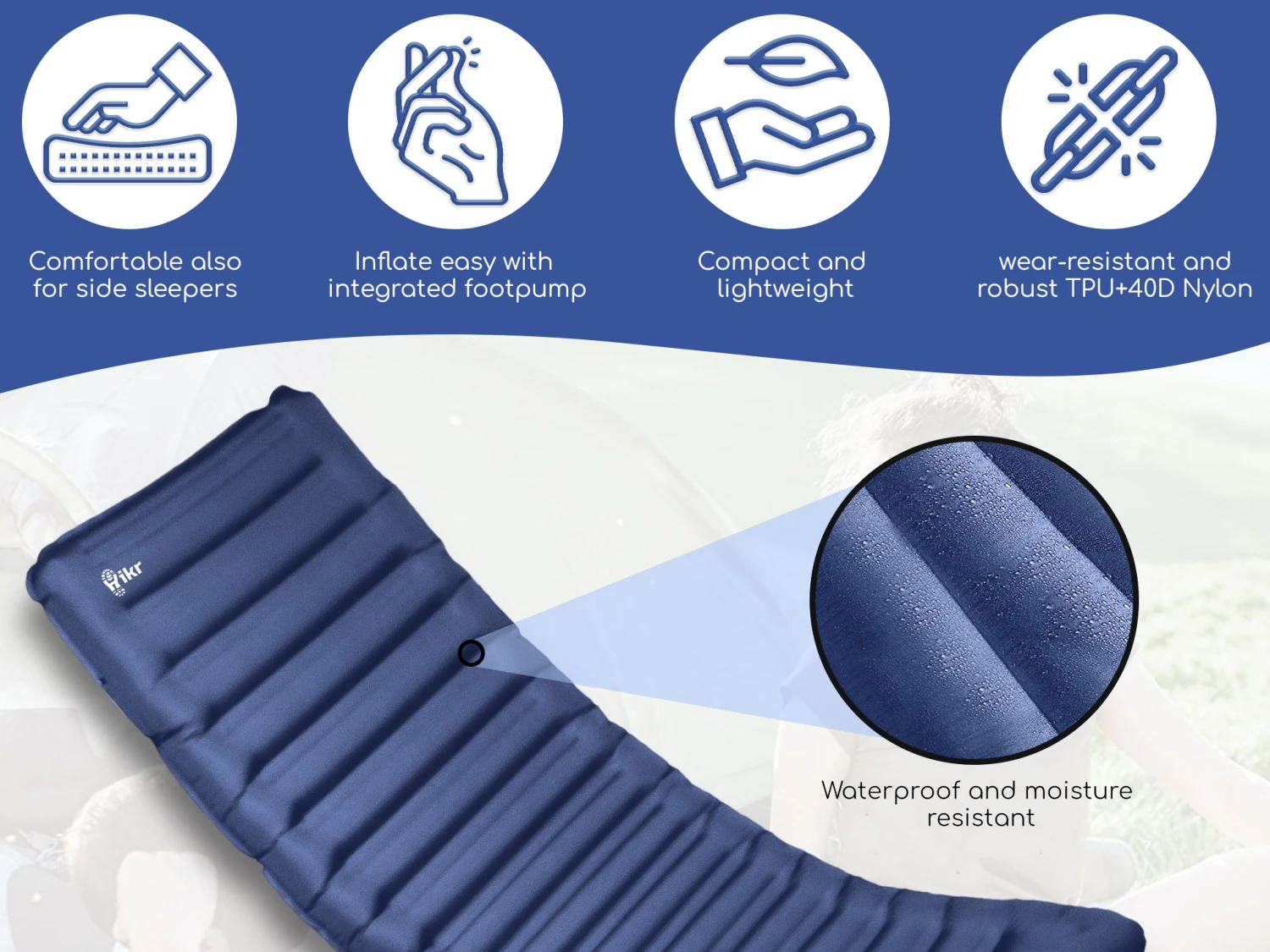 Merkloos Hikr® 10cm+ Slaapmat Met Ingebouwde Voetpomp - Blue - Afbeelding 4